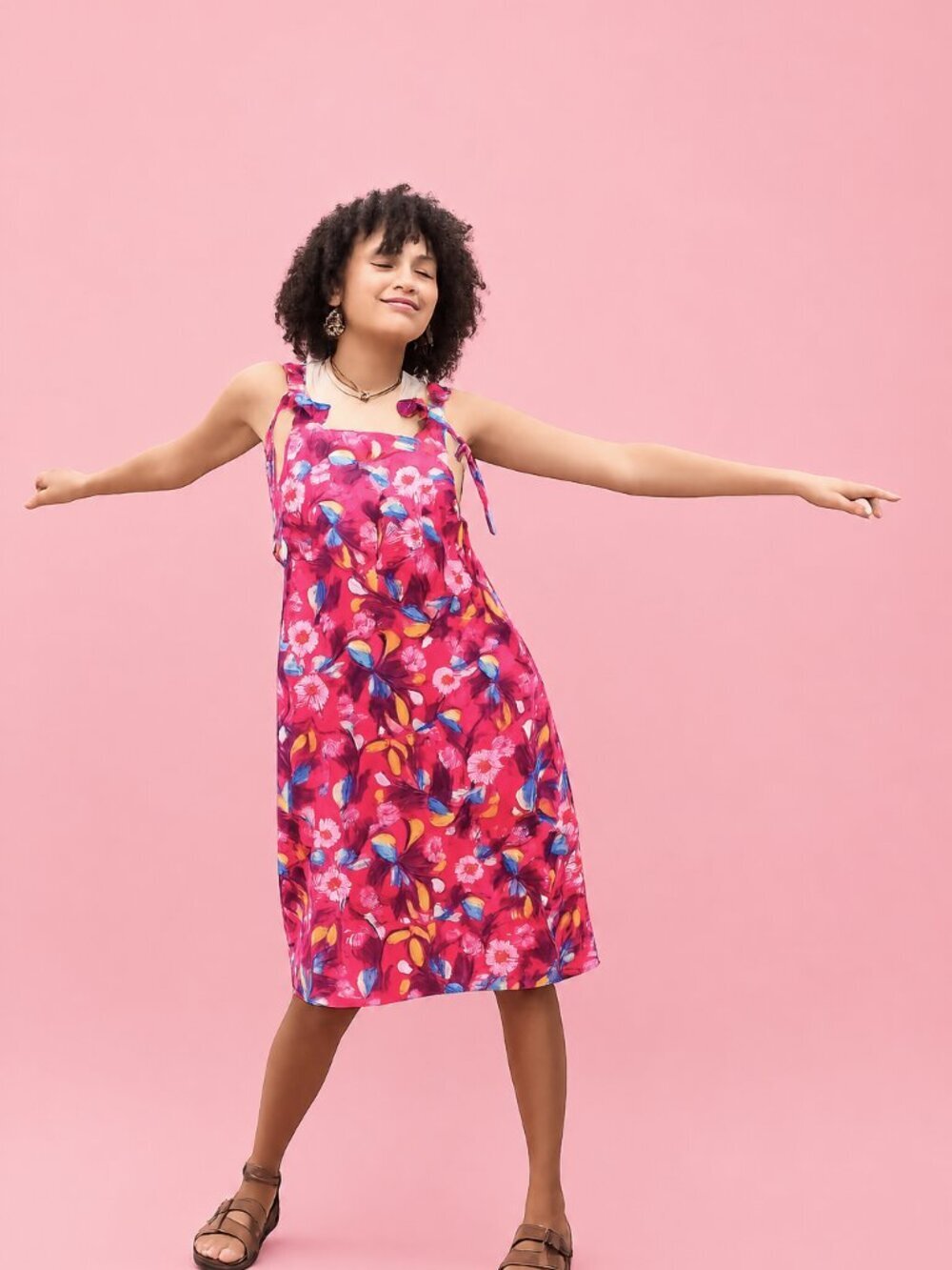 LUCY & YAK Freyja Pink Floral Cotton Corduroy Dungaree Pinafore Dress, Size S